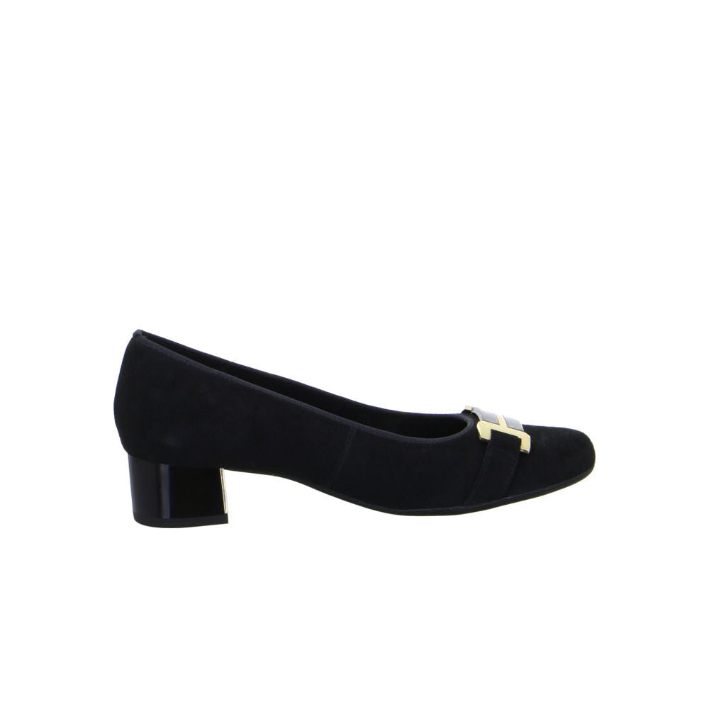 Gabor Nizza Suede Black Pump with Gold buckle