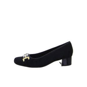 
                  
                    Black shoe with a gold buckle on a white background
                  
                