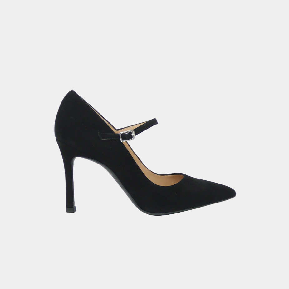 Black high-heeled shoe with a strap on a white background