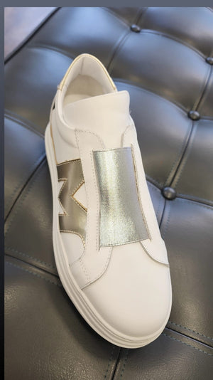 
                  
                    Marco Moreo White Leather Trainer with Gold
                  
                