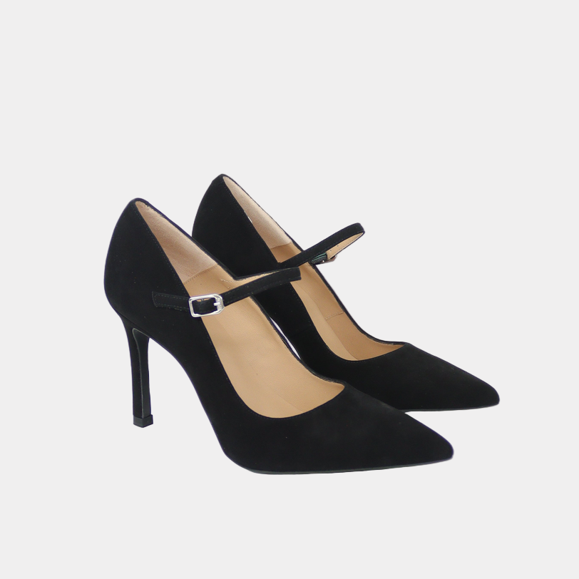Black high-heeled shoes with a strap on a white background