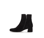 Black suede ankle boots with a zipper on a white background