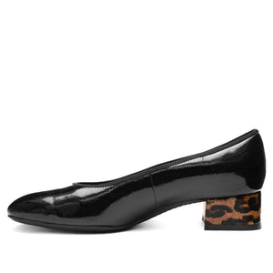 
                  
                    Ara Graz Black patent leather shoe with a leopard print block heel
                  
                
