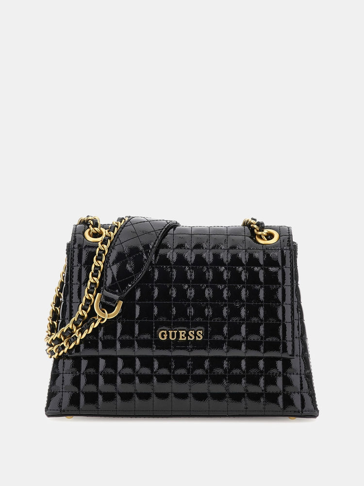 GUESS TIA QUILTED PATENT FLAP CROSSBODY