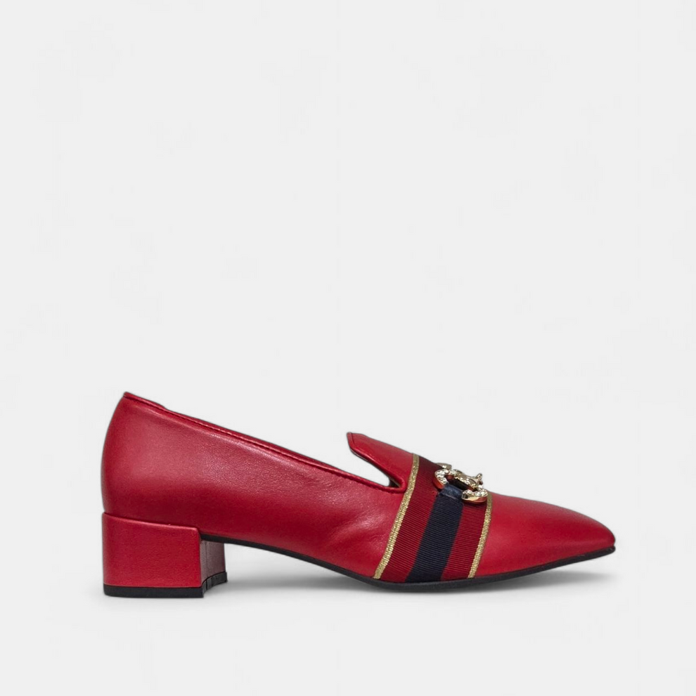 
                  
                    Marian Red leather loafer shoe with a gold buckle and ribbon detail and block heel
                  
                