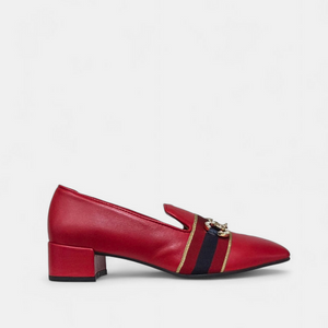 
                  
                    Marian Red leather loafer shoe with a gold buckle and ribbon detail and block heel
                  
                