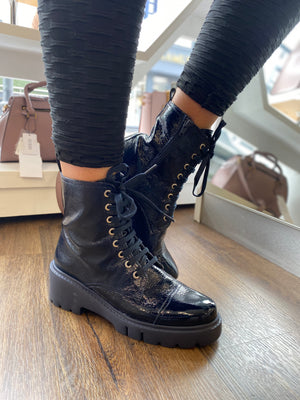 
                  
                    UNISA JULIET PATENT MILITARY ANKLE BOOT
                  
                