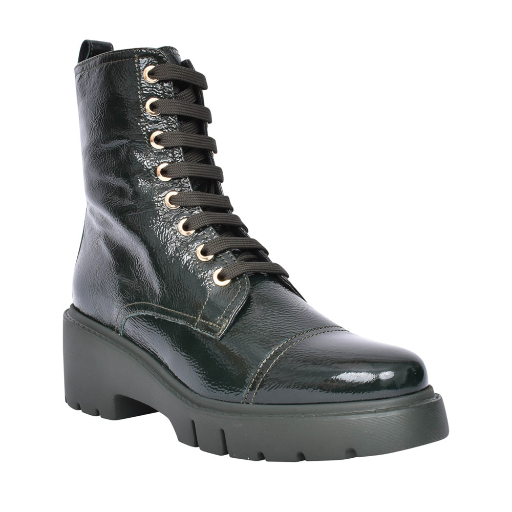 
                  
                    UNISA JULIET PATENT GREEN MILITARY ANKLE BOOT
                  
                